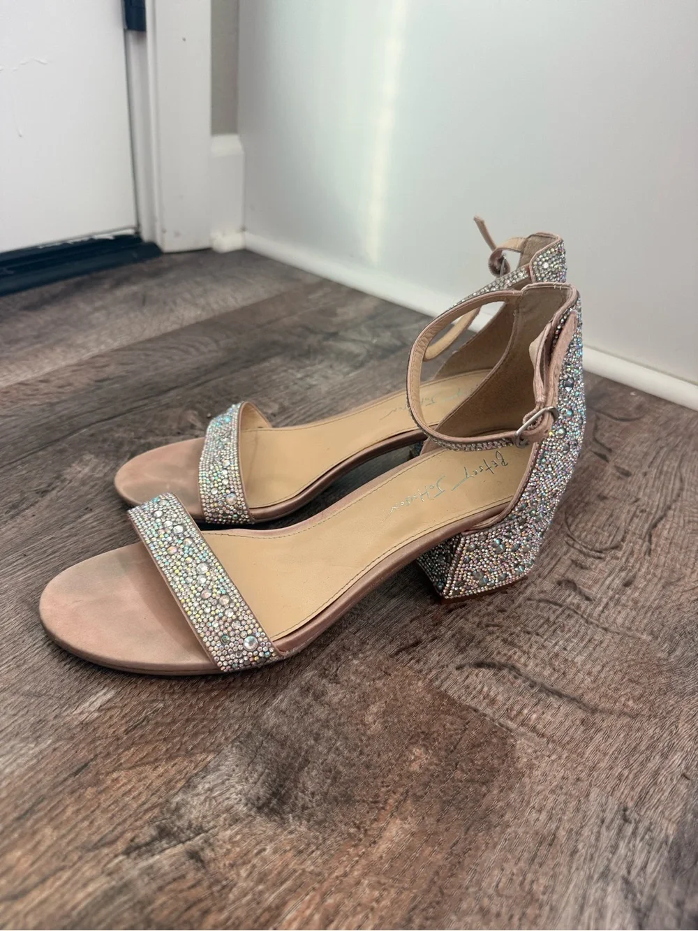 Betsey Johnson Beige Rhinestone Ankle Strap Block Heel Sandals Women's 8.5